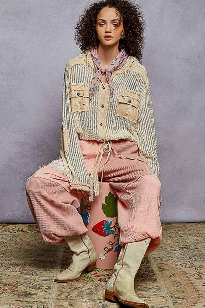 POL Texture Woven Button Down Hooded Shirt with Drawstring Hem - Bitsy Gypsy Boutique