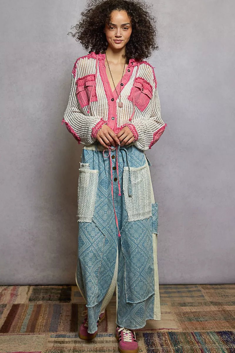 POL Texture Woven Button Down Hooded Shirt with Drawstring Hem - Bitsy Gypsy Boutique