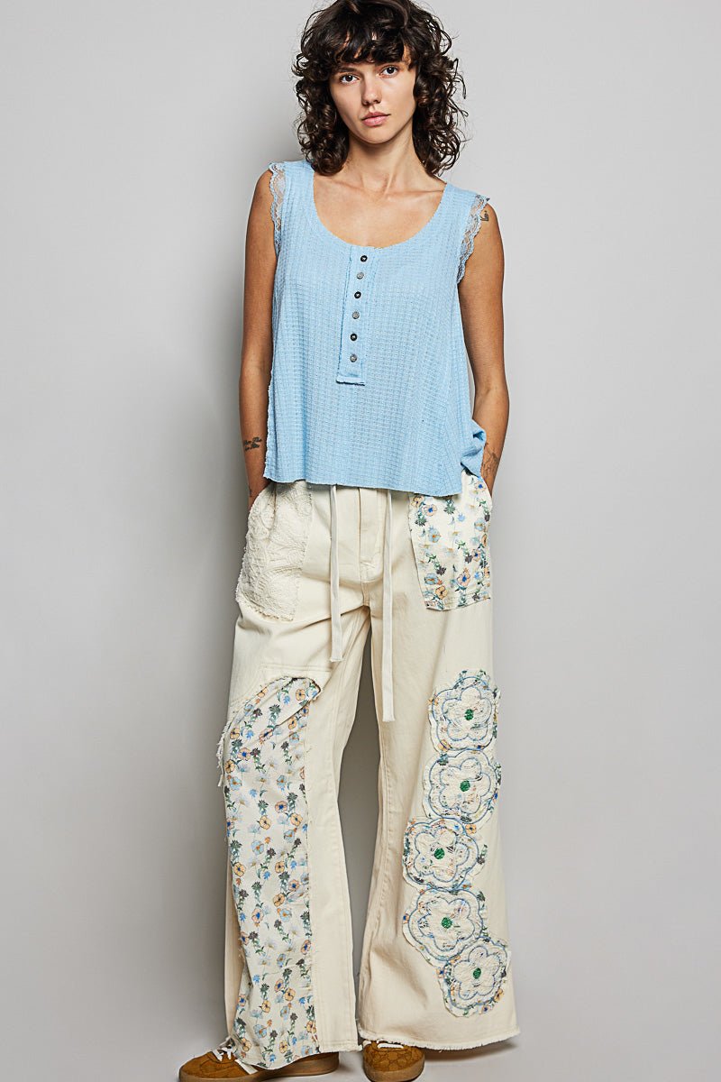 POL Textured Knit Round Neck Tank with Lace Detail - Bitsy Gypsy Boutique