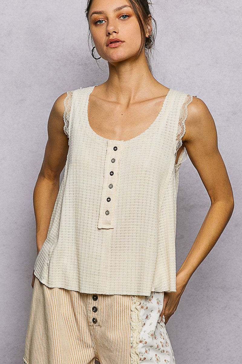 POL Textured Knit Round Neck Tank with Lace Detail - Bitsy Gypsy Boutique