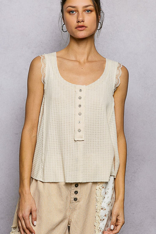 POL Textured Knit Round Neck Tank with Lace Detail - Bitsy Gypsy Boutique