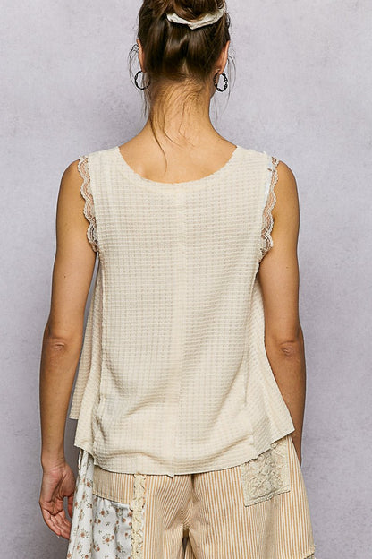 POL Textured Knit Round Neck Tank with Lace Detail - Bitsy Gypsy Boutique