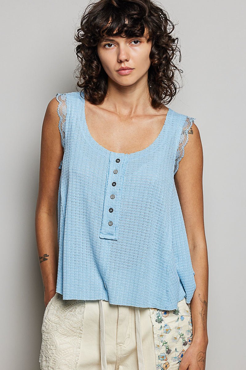 POL Textured Knit Round Neck Tank with Lace Detail - Bitsy Gypsy Boutique