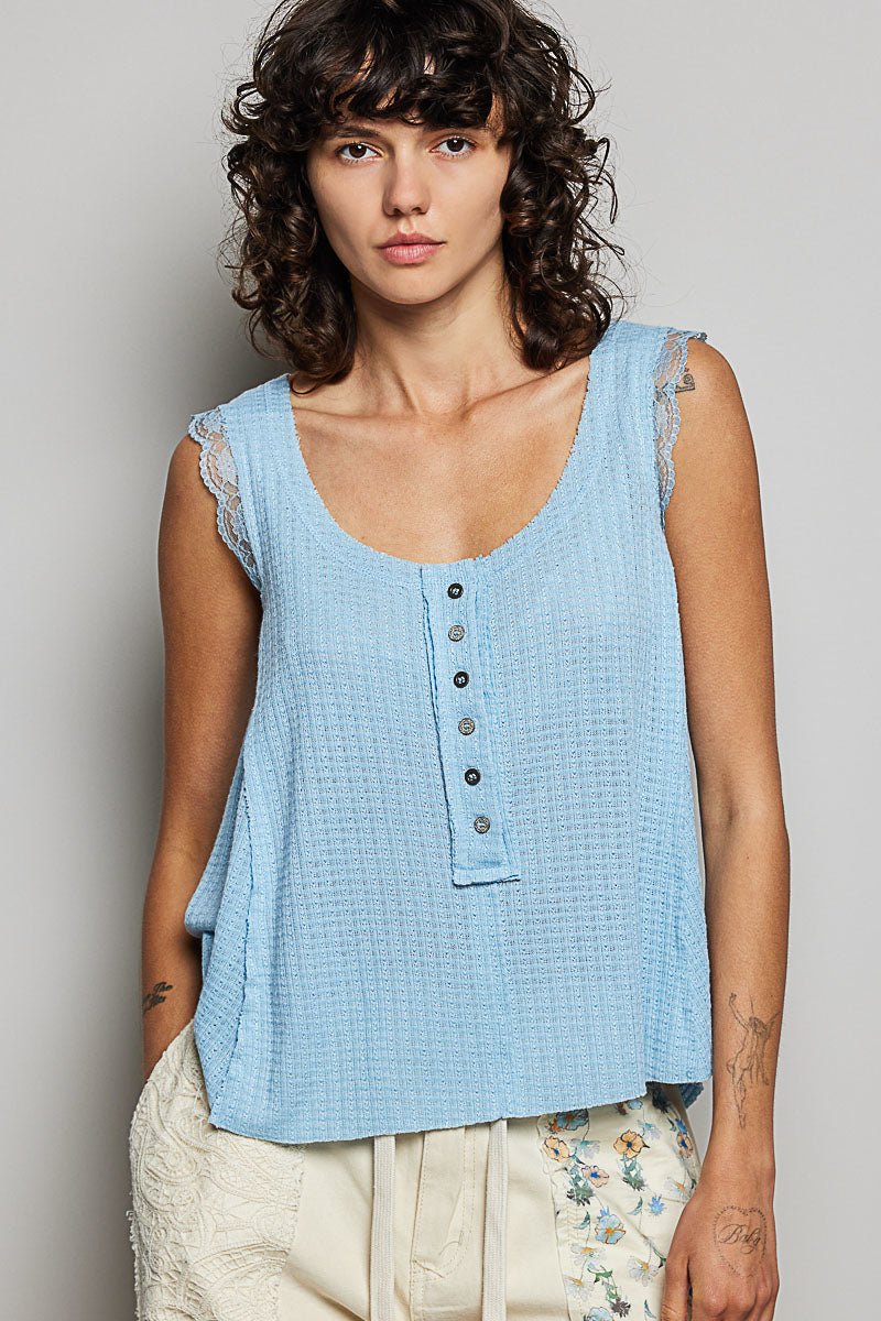 POL Textured Knit Round Neck Tank with Lace Detail - Bitsy Gypsy Boutique
