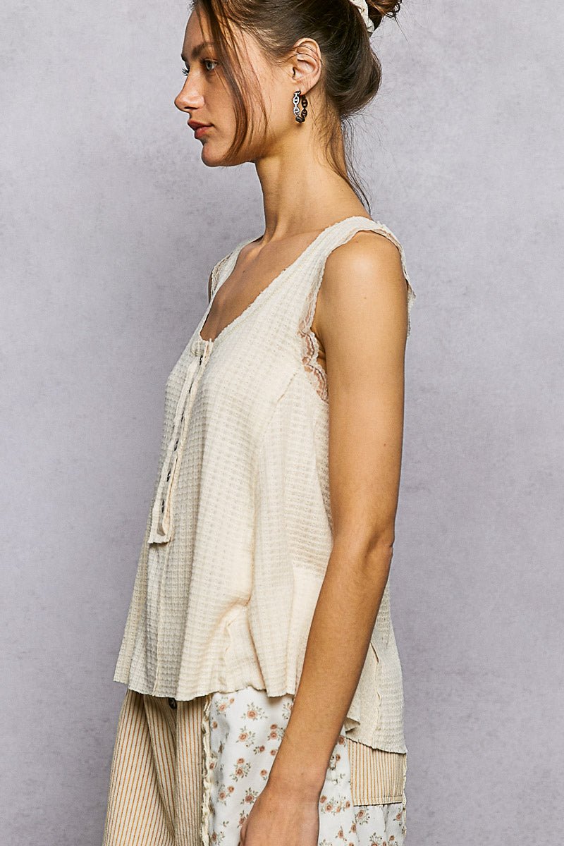 POL Textured Knit Round Neck Tank with Lace Detail - Bitsy Gypsy Boutique