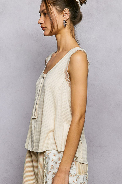 POL Textured Knit Round Neck Tank with Lace Detail - Bitsy Gypsy Boutique