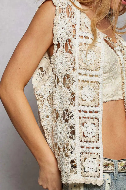 POL Tie Front Floral Pattern Crochet Vest with Scalloped Edge - Bitsy Gypsy Boutique