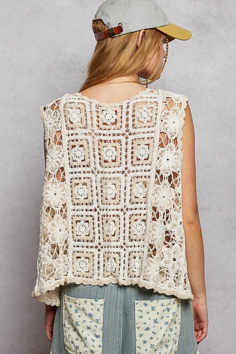 POL Tie Front Floral Pattern Crochet Vest with Scalloped Edge - Bitsy Gypsy Boutique