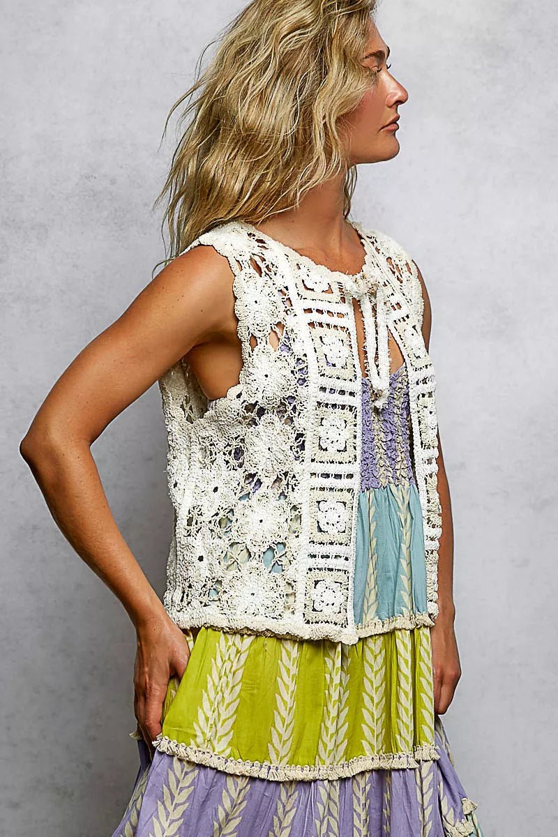 POL Tie Front Floral Pattern Crochet Vest with Scalloped Edge - Bitsy Gypsy Boutique
