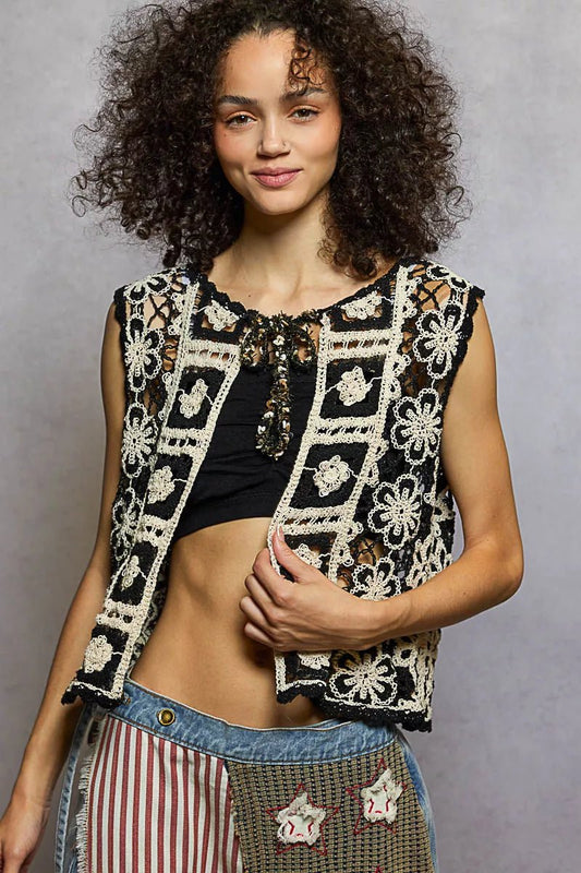 POL Tie Front Floral Pattern Crochet Vest with Scalloped Edge - Bitsy Gypsy Boutique