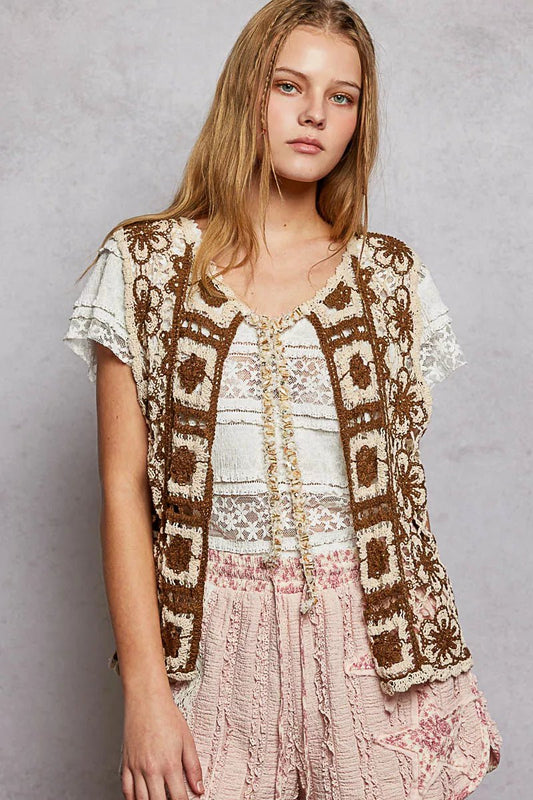 POL Tie Front Floral Pattern Crochet Vest with Scalloped Edge - Bitsy Gypsy Boutique