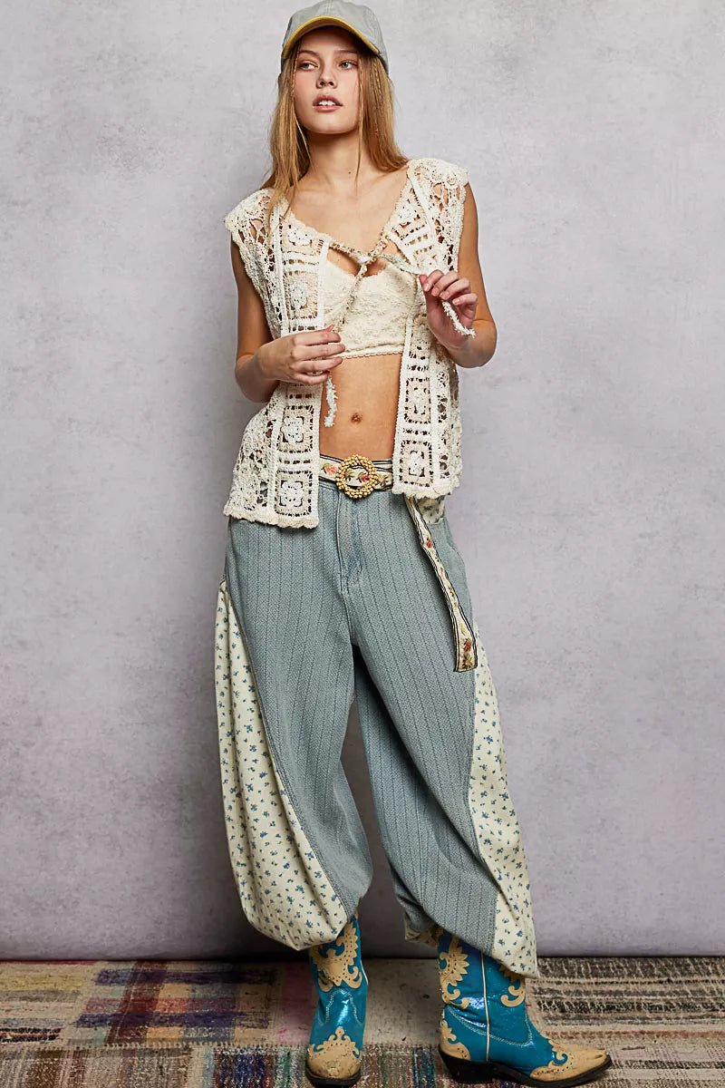 POL Tie Front Floral Pattern Crochet Vest with Scalloped Edge - Bitsy Gypsy Boutique