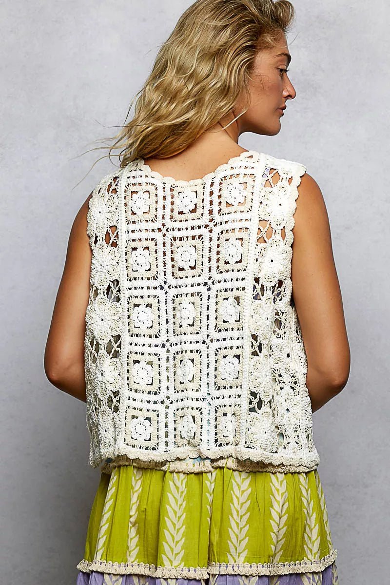 POL Tie Front Floral Pattern Crochet Vest with Scalloped Edge - Bitsy Gypsy Boutique