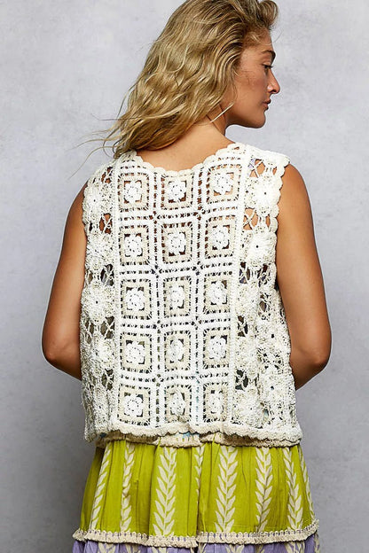 POL Tie Front Floral Pattern Crochet Vest with Scalloped Edge - Bitsy Gypsy Boutique