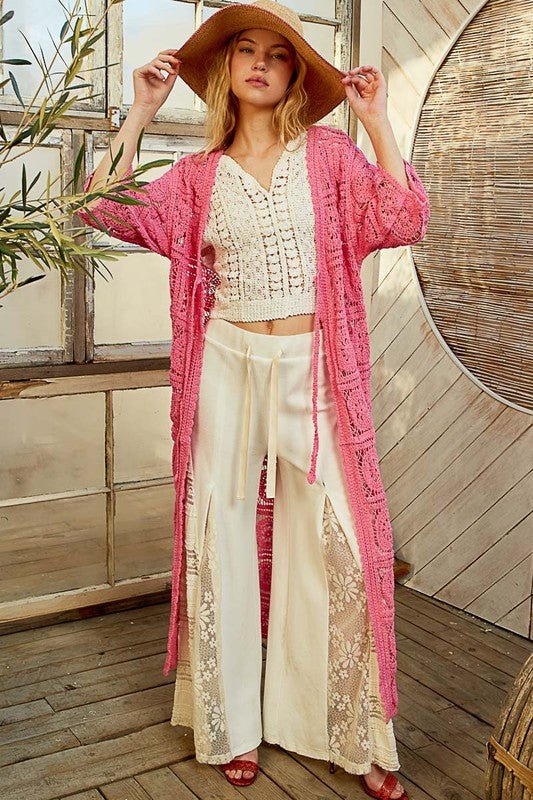 POL Tied Crochet 3/4 Sleeve Longline Cardigan - Bitsy Gypsy Boutique