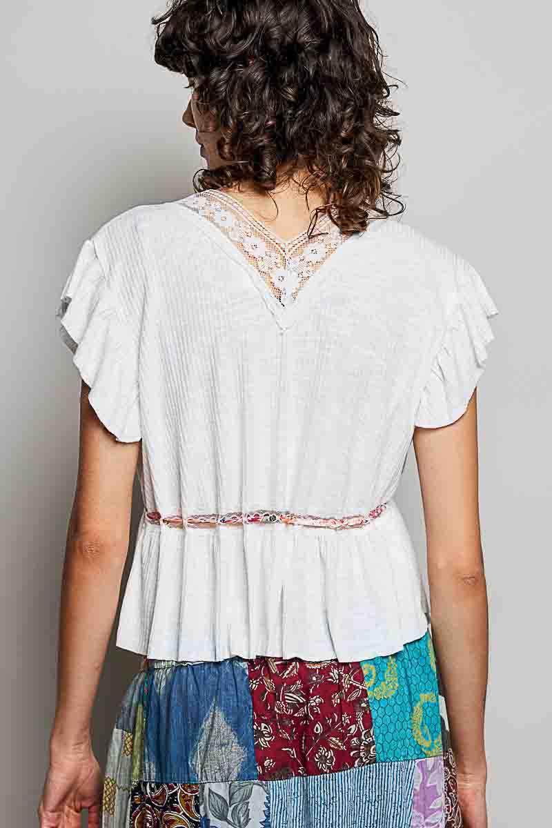 POL Tied Ruffled V - Neck Short Sleeve Blouse with Lace Detail - Bitsy Gypsy Boutique