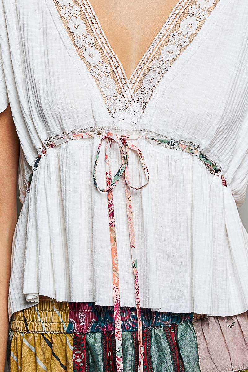 POL Tied Ruffled V - Neck Short Sleeve Blouse with Lace Detail - Bitsy Gypsy Boutique