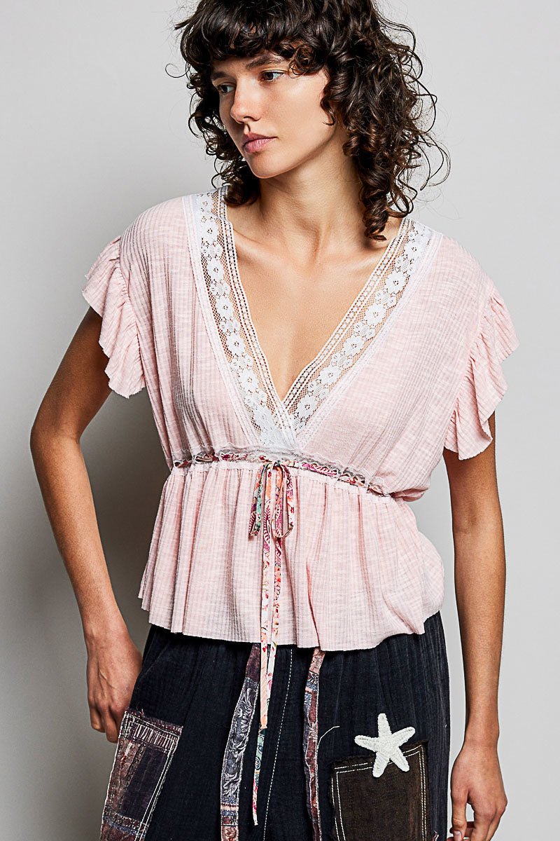 POL Tied Ruffled V - Neck Short Sleeve Blouse with Lace Detail - Bitsy Gypsy Boutique