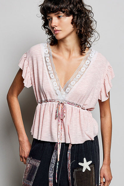 POL Tied Ruffled V - Neck Short Sleeve Blouse with Lace Detail - Bitsy Gypsy Boutique