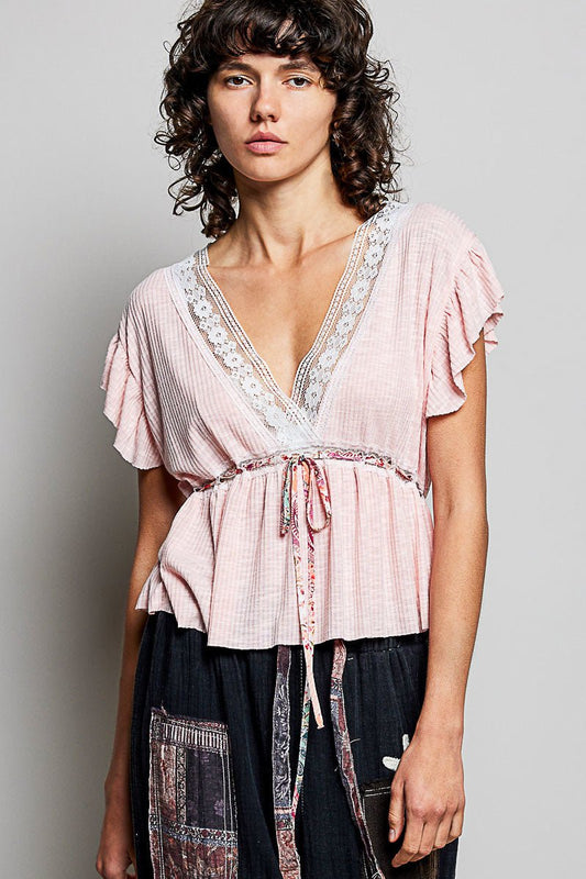 POL Tied Ruffled V - Neck Short Sleeve Blouse with Lace Detail - Bitsy Gypsy Boutique