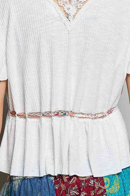 POL Tied Ruffled V - Neck Short Sleeve Blouse with Lace Detail - Bitsy Gypsy Boutique