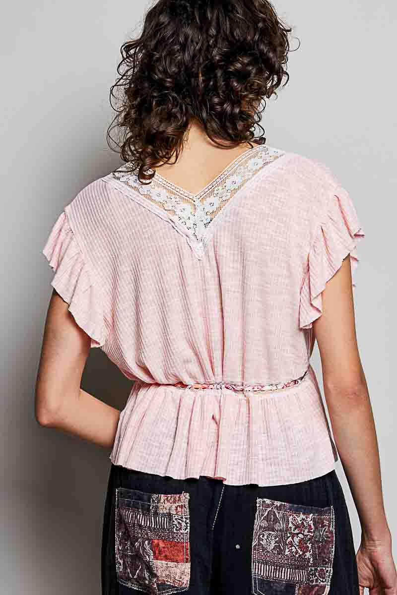 POL Tied Ruffled V - Neck Short Sleeve Blouse with Lace Detail - Bitsy Gypsy Boutique