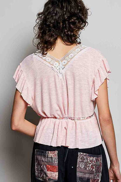 POL Tied Ruffled V - Neck Short Sleeve Blouse with Lace Detail - Bitsy Gypsy Boutique