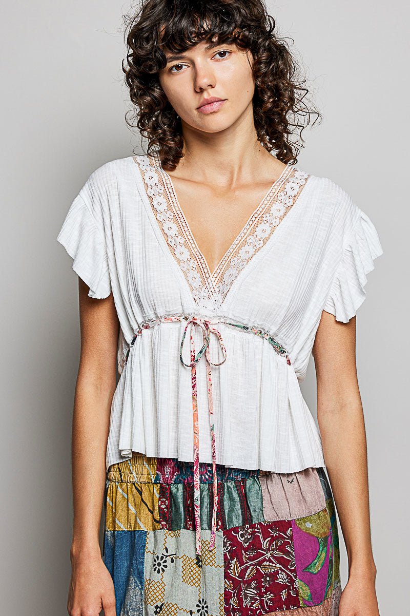 POL Tied Ruffled V - Neck Short Sleeve Blouse with Lace Detail - Bitsy Gypsy Boutique
