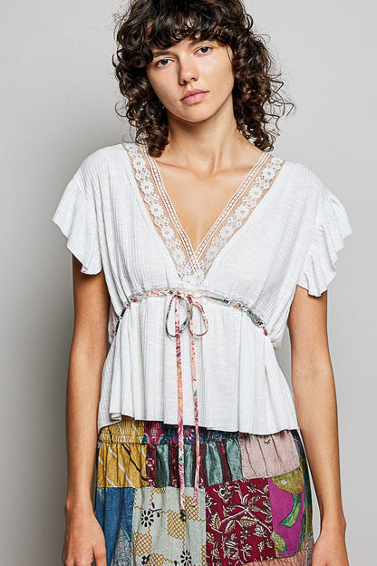 POL Tied Ruffled V - Neck Short Sleeve Blouse with Lace Detail - Bitsy Gypsy Boutique