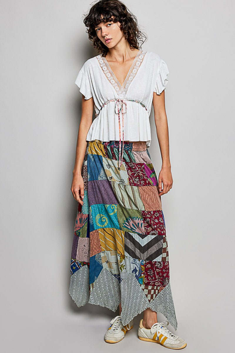 POL Tied Ruffled V - Neck Short Sleeve Blouse with Lace Detail - Bitsy Gypsy Boutique