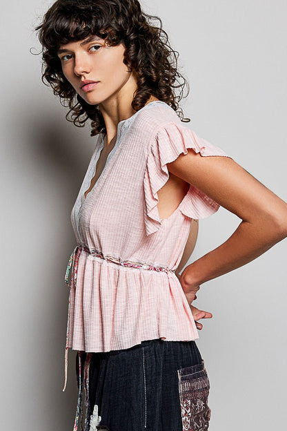 POL Tied Ruffled V - Neck Short Sleeve Blouse with Lace Detail - Bitsy Gypsy Boutique