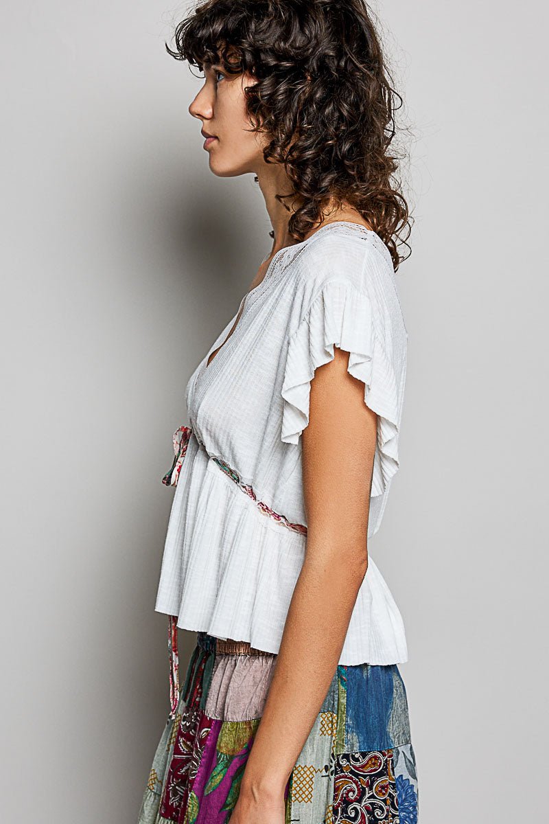 POL Tied Ruffled V - Neck Short Sleeve Blouse with Lace Detail - Bitsy Gypsy Boutique