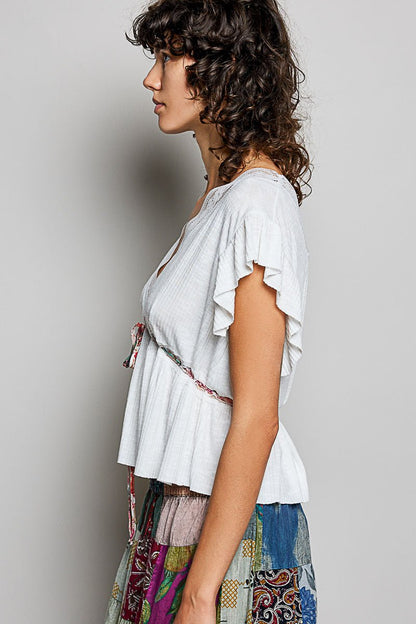 POL Tied Ruffled V - Neck Short Sleeve Blouse with Lace Detail - Bitsy Gypsy Boutique