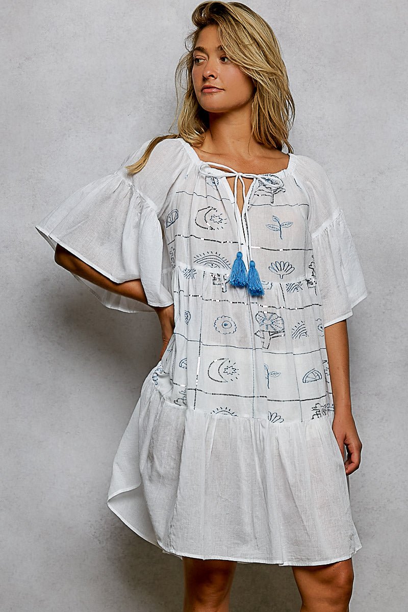 POL Tied Tassel Embroidery Half Flared Sleeve Mini Dress - Bitsy Gypsy Boutique