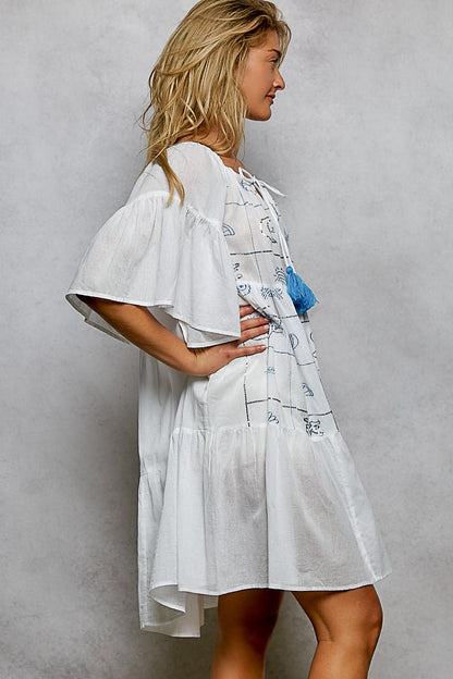 POL Tied Tassel Embroidery Half Flared Sleeve Mini Dress - Bitsy Gypsy Boutique