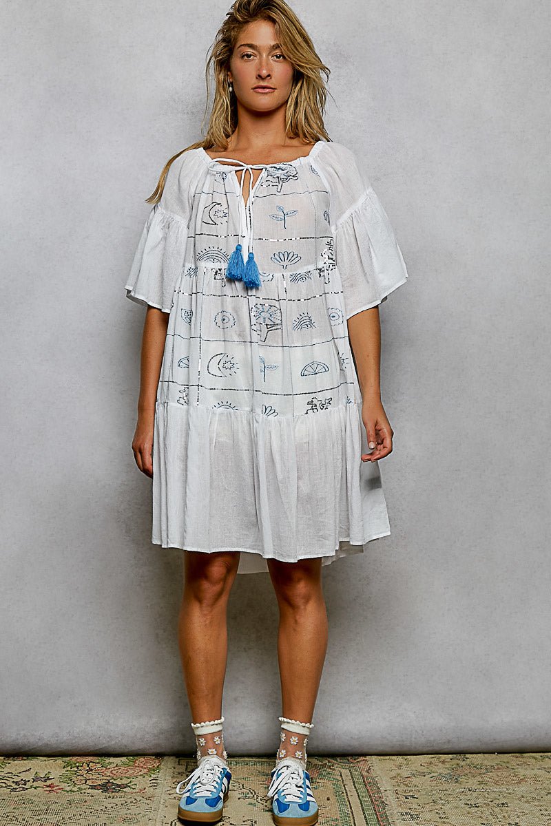 POL Tied Tassel Embroidery Half Flared Sleeve Mini Dress - Bitsy Gypsy Boutique