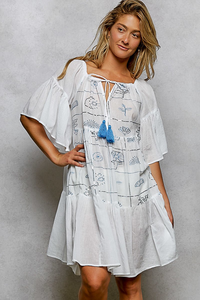 POL Tied Tassel Embroidery Half Flared Sleeve Mini Dress - Bitsy Gypsy Boutique