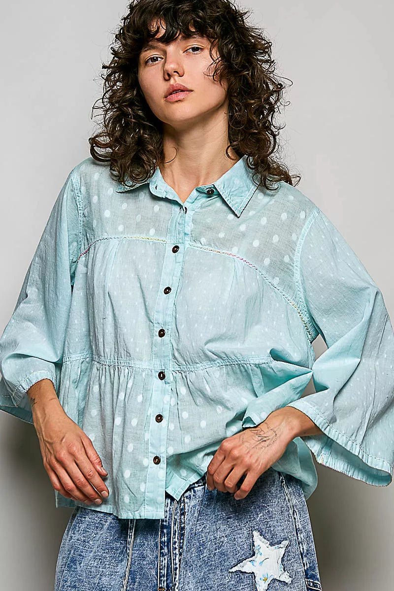 POL Tonal Dot Weave Textured Button Front Shirt - Bitsy Gypsy Boutique
