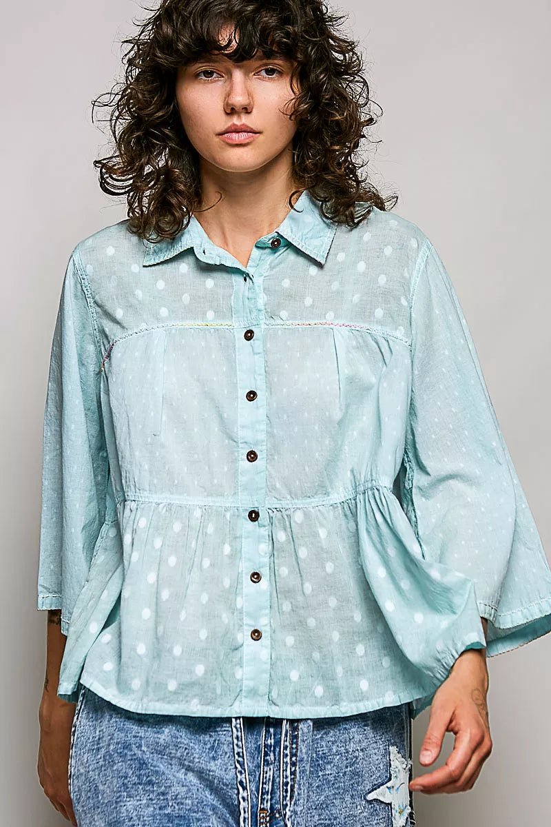 POL Tonal Dot Weave Textured Button Front Shirt - Bitsy Gypsy Boutique