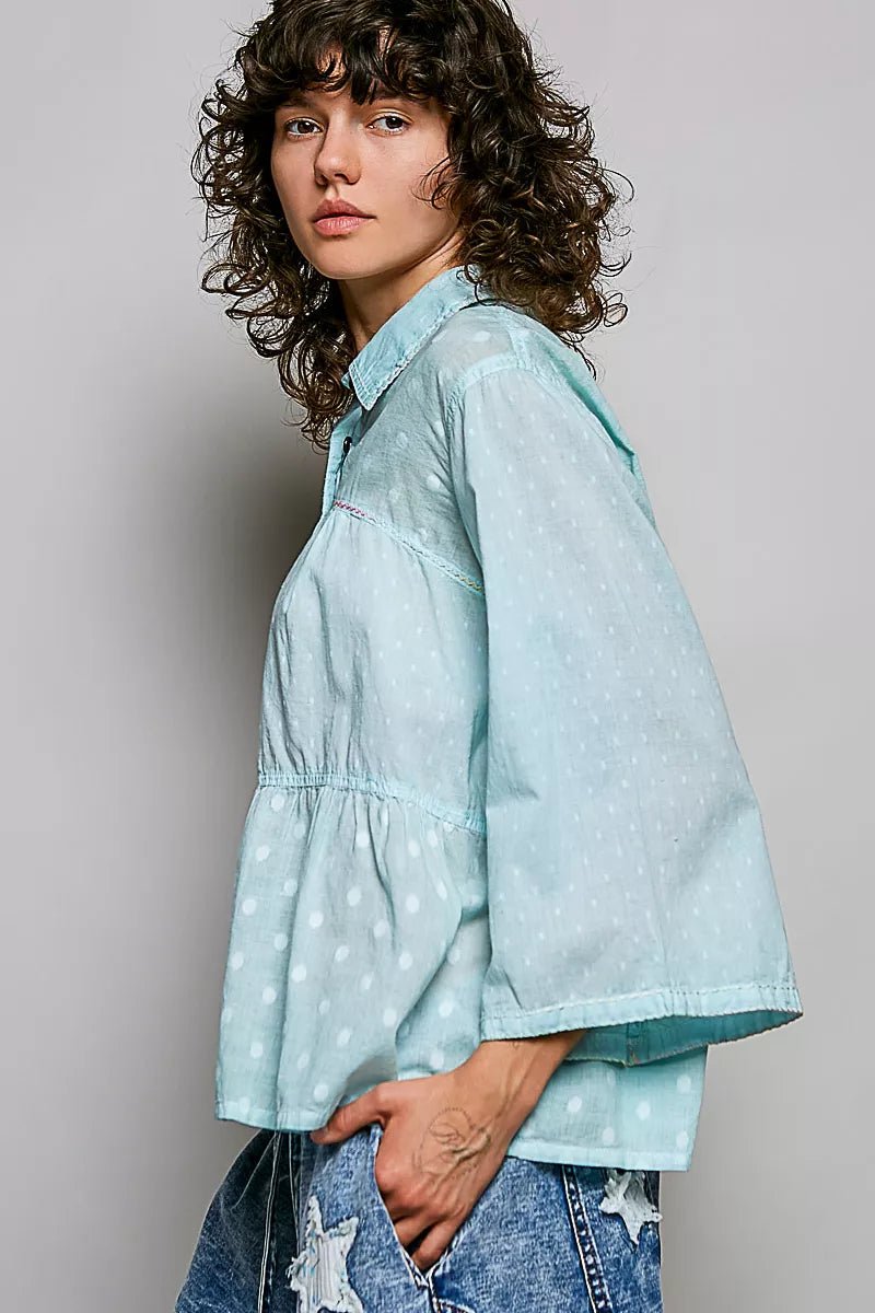POL Tonal Dot Weave Textured Button Front Shirt - Bitsy Gypsy Boutique