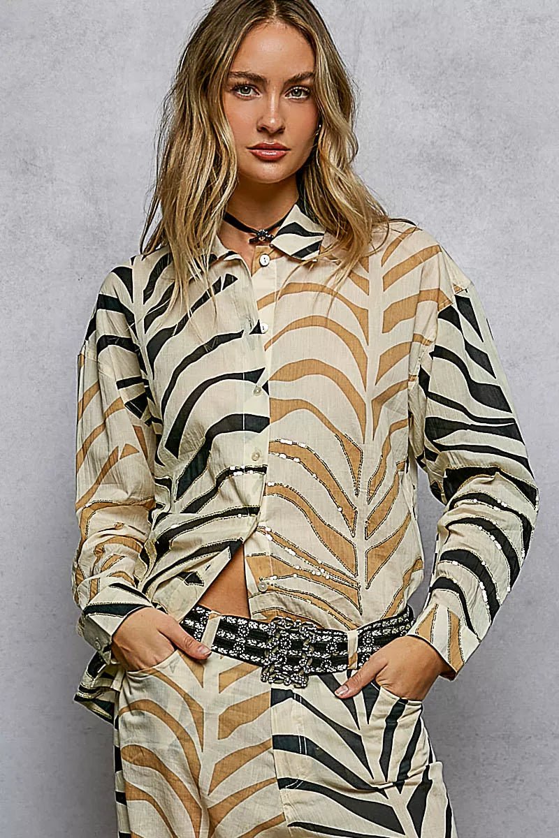 POL Two - Tone Printed Woven Spangle Long Sleeve Shirt - Bitsy Gypsy Boutique