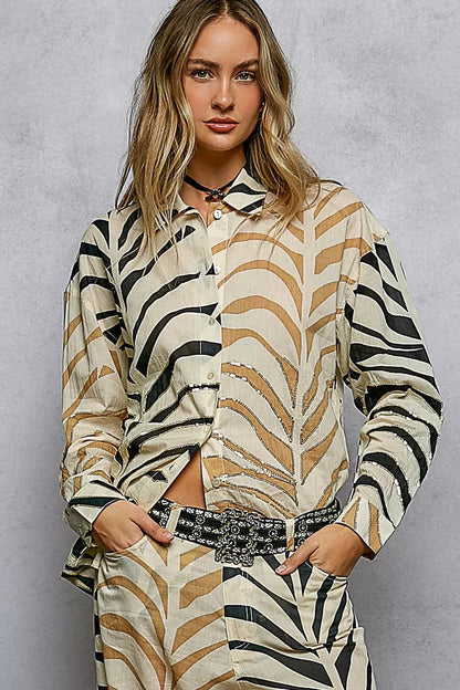 POL Two - Tone Printed Woven Spangle Long Sleeve Shirt - Bitsy Gypsy Boutique