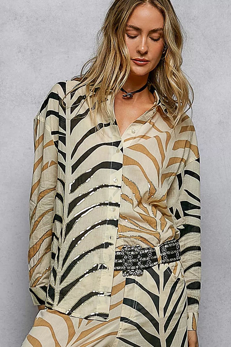 POL Two - Tone Printed Woven Spangle Long Sleeve Shirt - Bitsy Gypsy Boutique