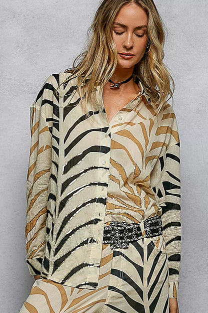 POL Two - Tone Printed Woven Spangle Long Sleeve Shirt - Bitsy Gypsy Boutique