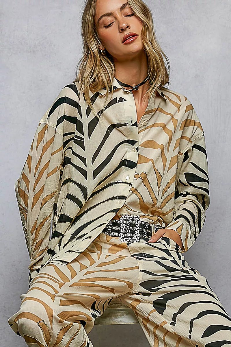 POL Two - Tone Printed Woven Spangle Long Sleeve Shirt - Bitsy Gypsy Boutique