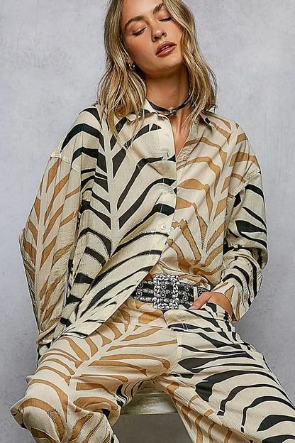 POL Two - Tone Printed Woven Spangle Long Sleeve Shirt - Bitsy Gypsy Boutique