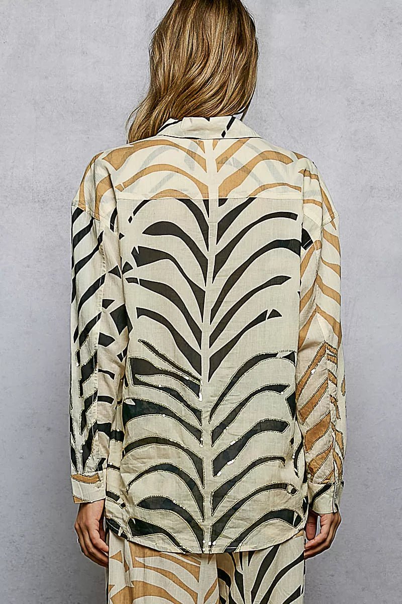 POL Two - Tone Printed Woven Spangle Long Sleeve Shirt - Bitsy Gypsy Boutique