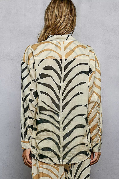POL Two - Tone Printed Woven Spangle Long Sleeve Shirt - Bitsy Gypsy Boutique