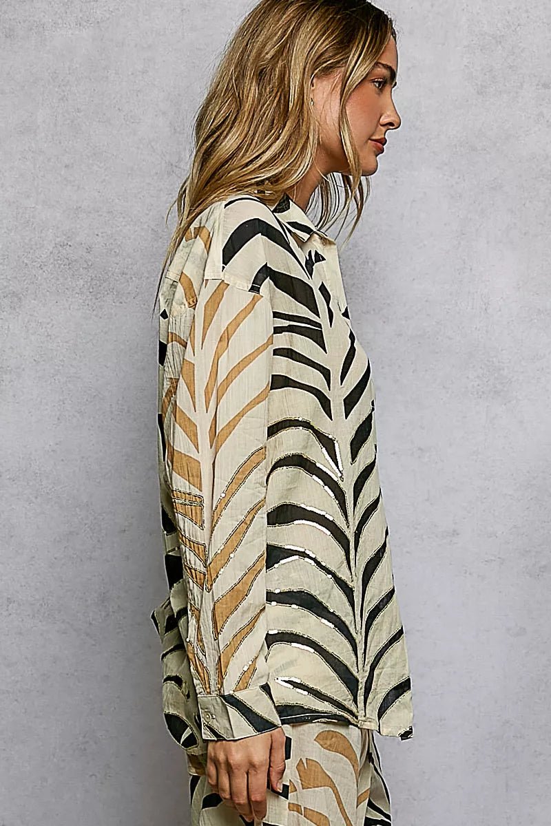 POL Two - Tone Printed Woven Spangle Long Sleeve Shirt - Bitsy Gypsy Boutique