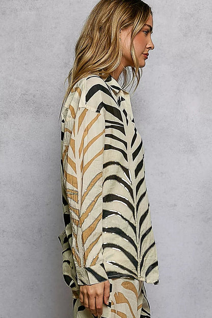 POL Two - Tone Printed Woven Spangle Long Sleeve Shirt - Bitsy Gypsy Boutique